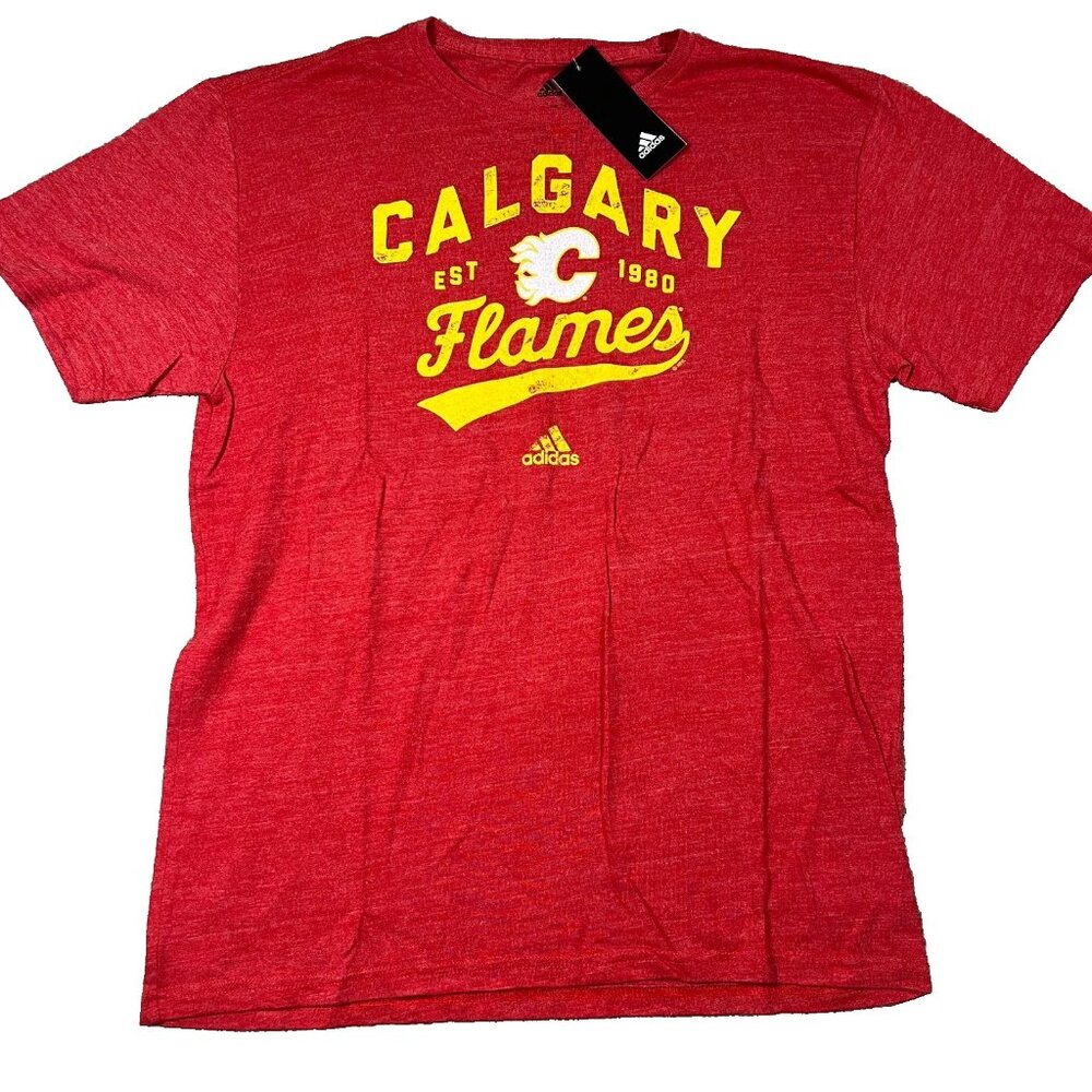 Adidas Mens Large Red Calgary Flames NHL Graphic Print‎ Hockey T-Shirt NWT